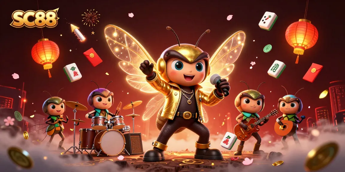 Experience the thrill of SC88 with vibrant casino elements and a rock star cicada in action.