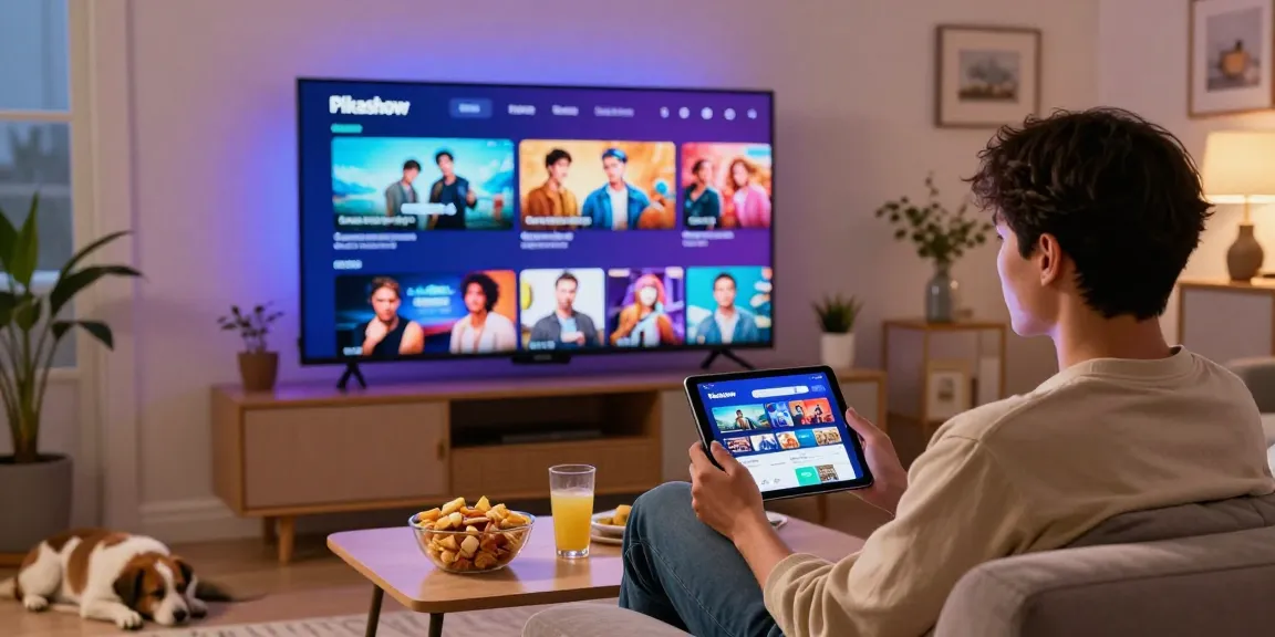 Pikashow streaming app interface with a user enjoying movies in a cozy living room.