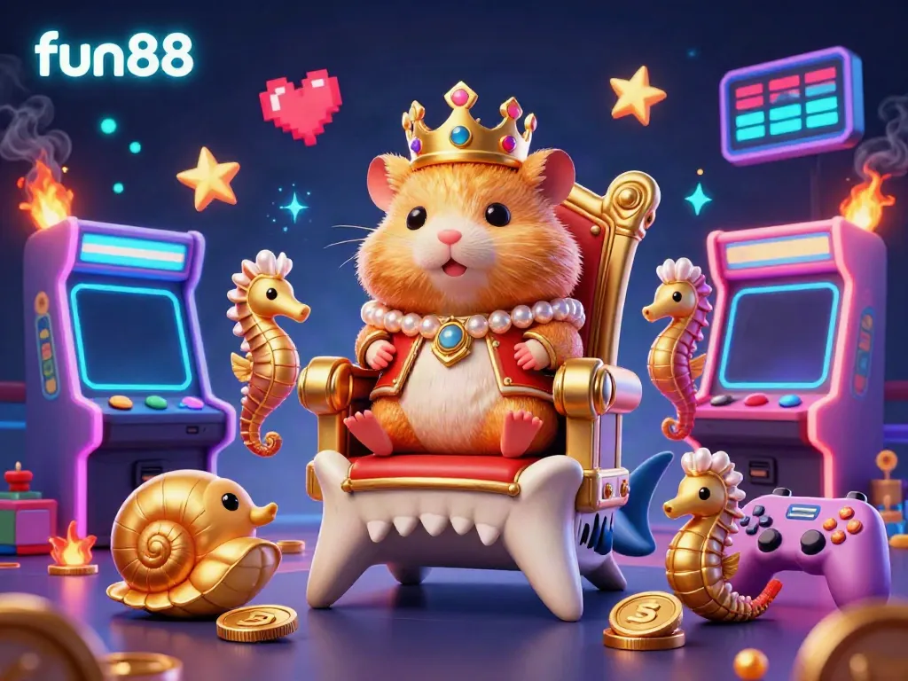 Engage in fun88 with golden hamster king's throne and vibrant gaming machines in an ideal casino scene.