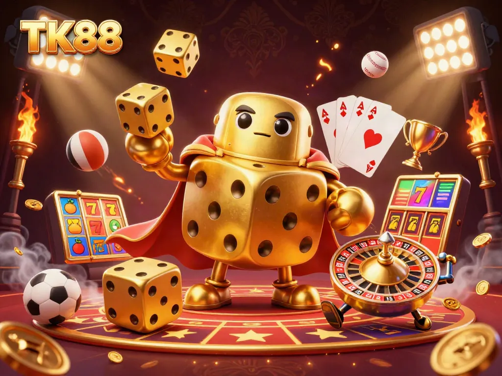 Engage with the vibrant TK88 gaming scene featuring golden dice, slot reels, and action-packed elements.