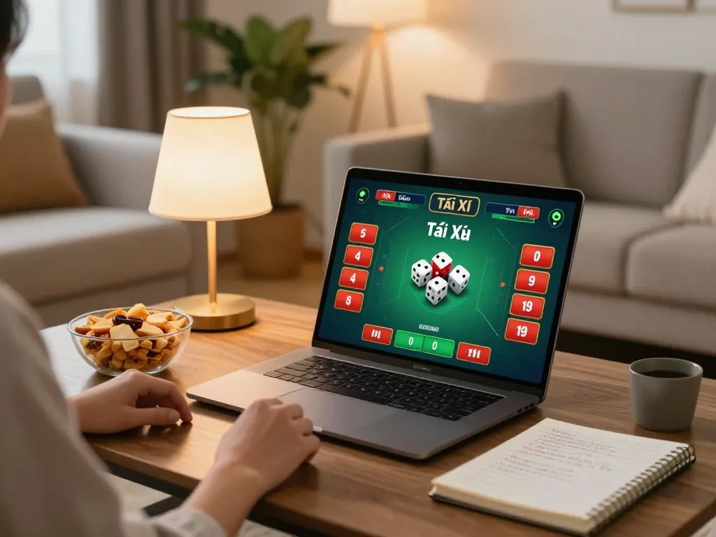 Tài Xỉu Online gameplay on a laptop in a cozy home setting with strategic notes and snacks.