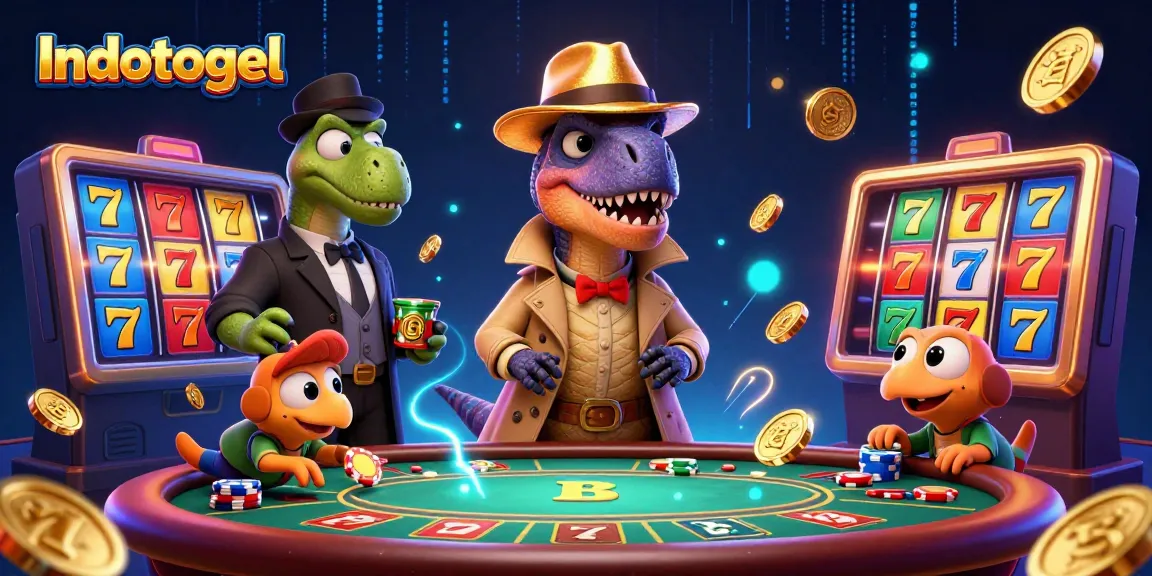Activate winnings with Indotogel's slot games featuring vibrant characters around a blackjack table.