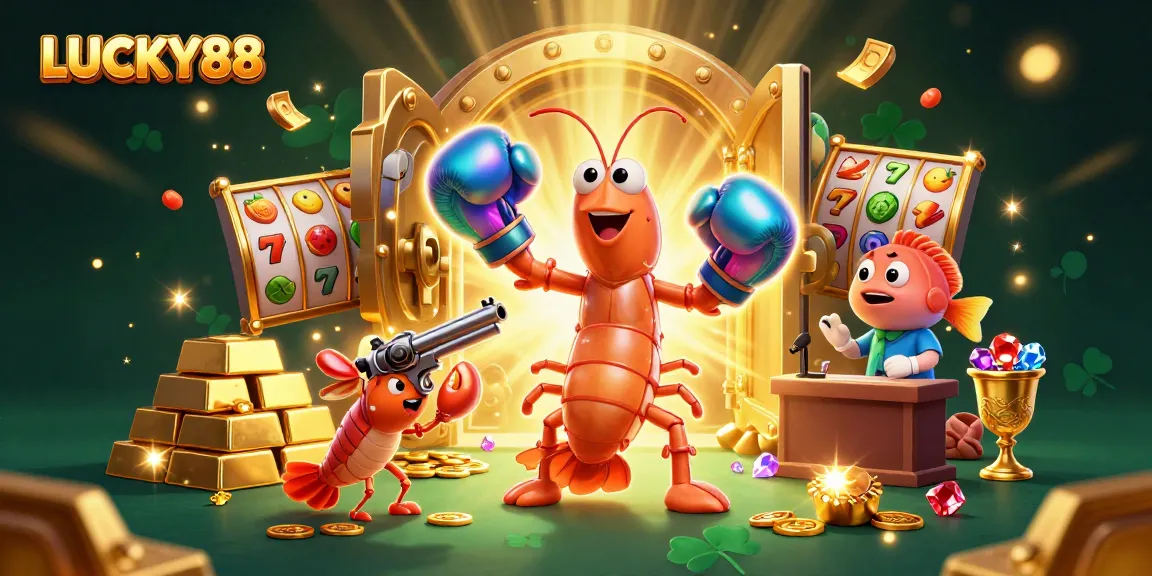 LUCKY88 brings a vibrant casino experience to life with colorful slot reels and energetic characters.