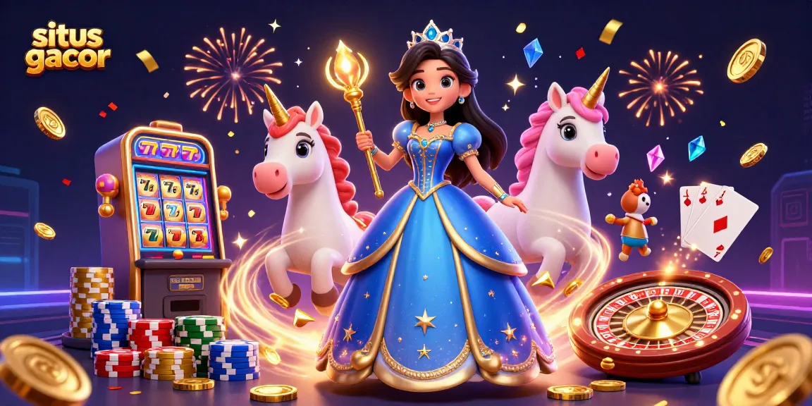 Experience the thrill of situs gacor as a dazzling woman and unicorn celebrate amidst sparkling slot game elements.