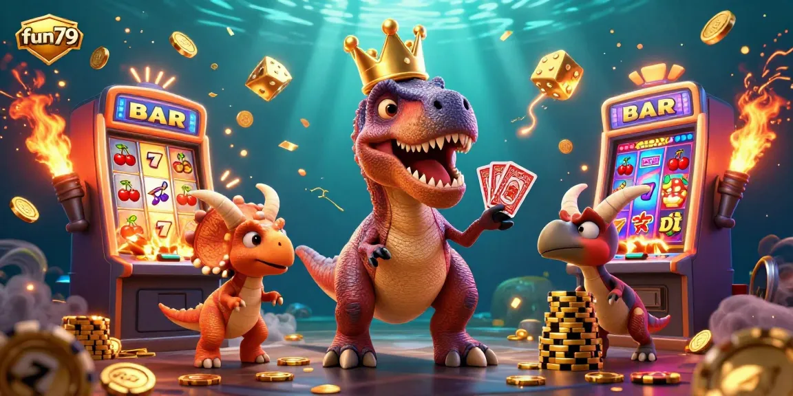 Experience fun79 with a playful T-Rex and friends in a vibrant casino scene featuring a jackpot slot machine.