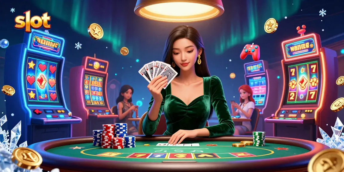 Engage with vibrant slot games while a beautiful Asian woman expertly handles her cards at a poker table.