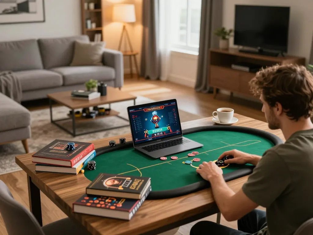 Engaged player strategizing with king88 poker game on laptop in a cozy setting.