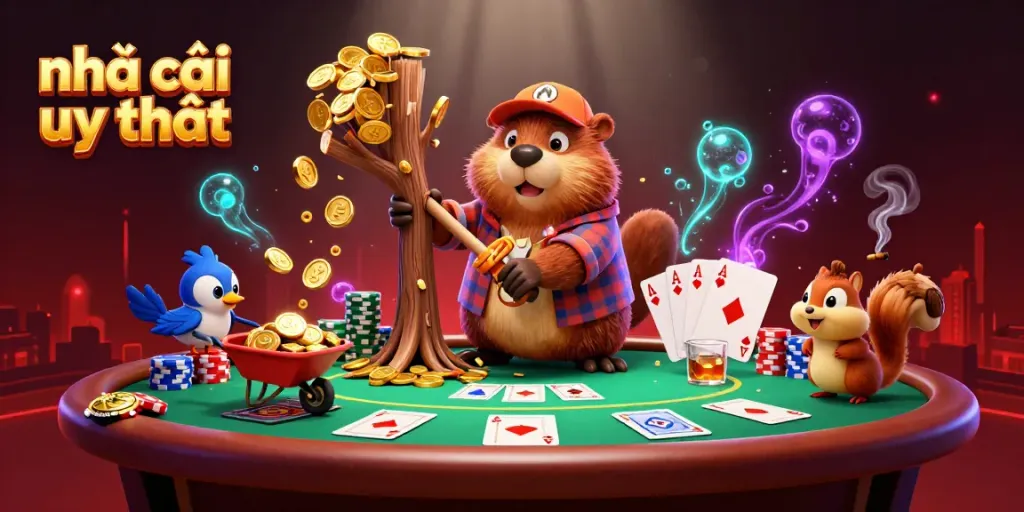 Engaging scene with cartoon characters embodying the vibrant essence of nhà cái uy tín, showcasing a poker setting and lively casino atmosphere.