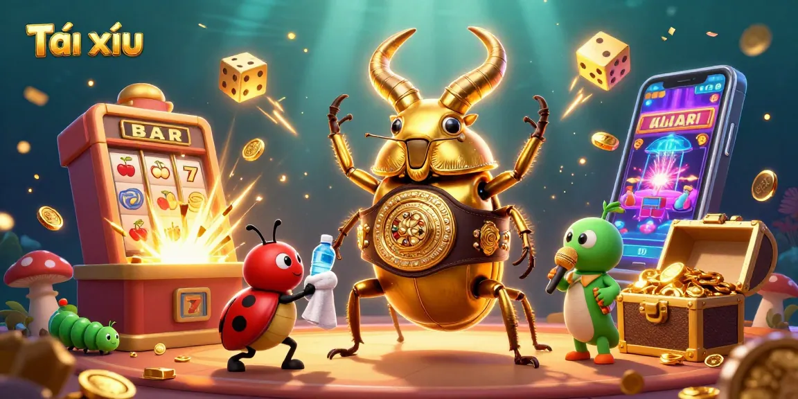 Tài xỉu game features a golden stag beetle and ladybug corner-man amidst exciting casino elements.