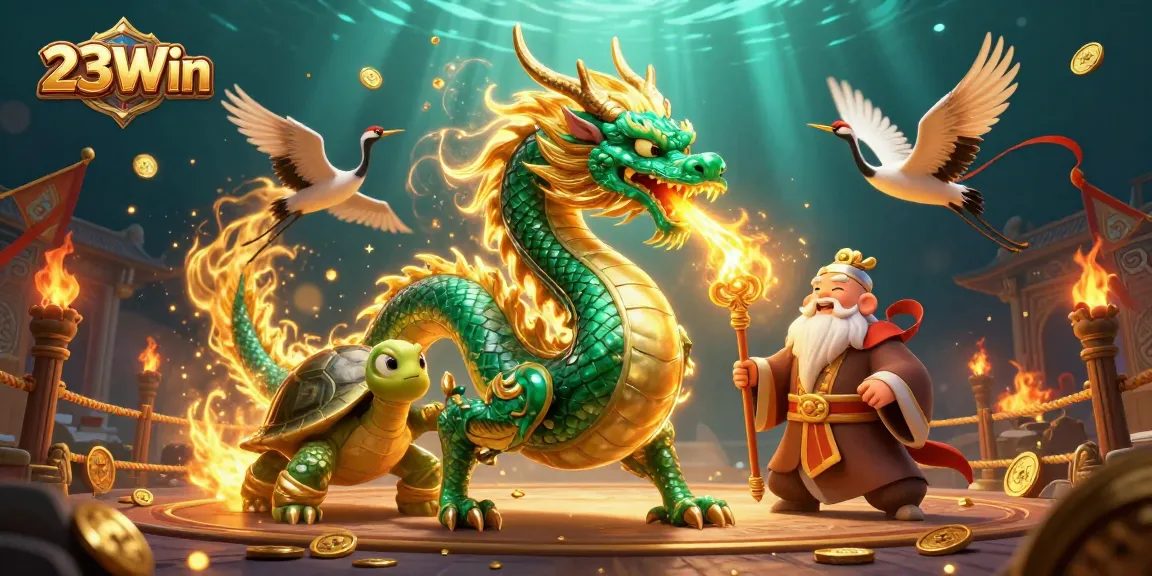 Experience thrilling action with 23Win at an epic casino battle scene featuring a jade dragon and lucky cranes.