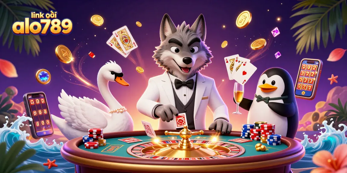 Join the excitement at link vào alo789 with a dazzling 3D casino scene of a wolf, swan, and penguin amidst gaming allure.