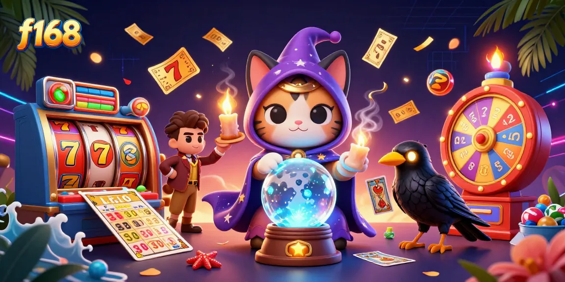 Experience winning moments at f168 with a vibrant 3D casino scene featuring a mystic cat, a raven, and dynamic slot elements.