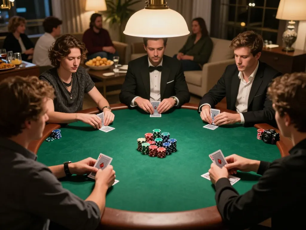 Players engaging in a strategic poker showdown at home around a premium table, showcasing the excitement of j188 com.