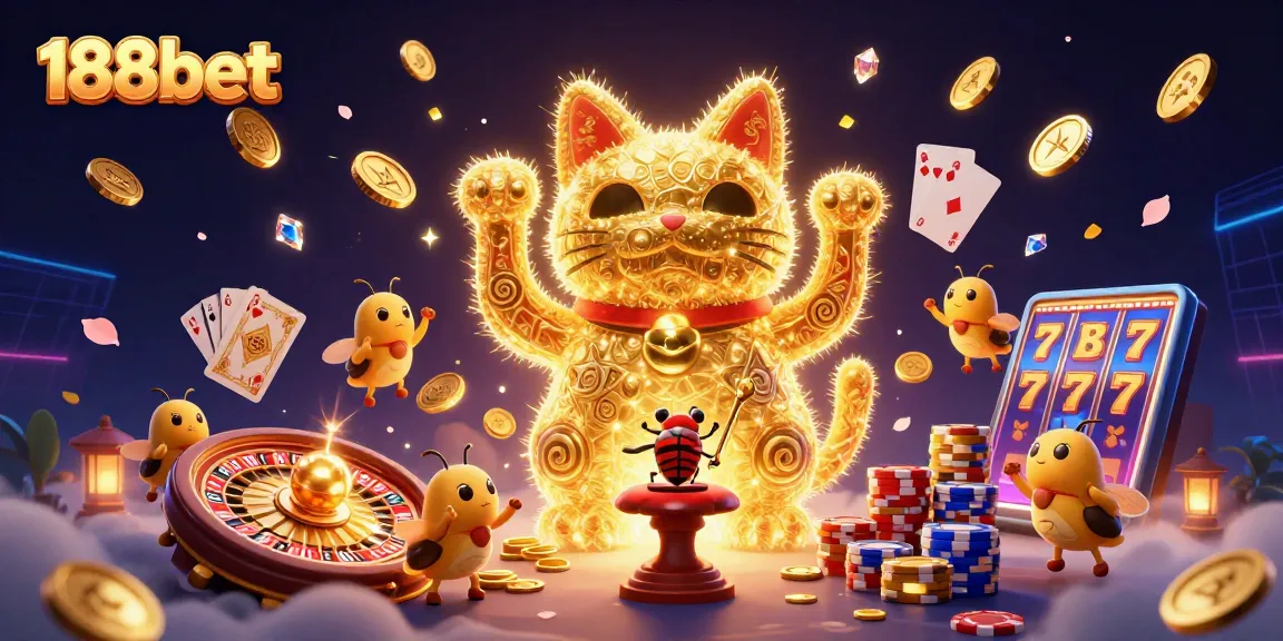 Engage with 188bet's vibrant casino world, featuring a lucky cat and dynamic gaming symbols.