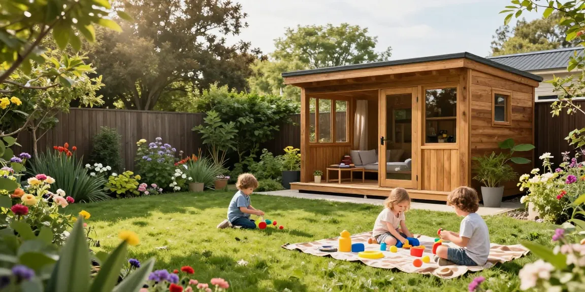 Garten Haus im Freien mit Familie und Kindern, entspannte Atmosphäre im Garten.
