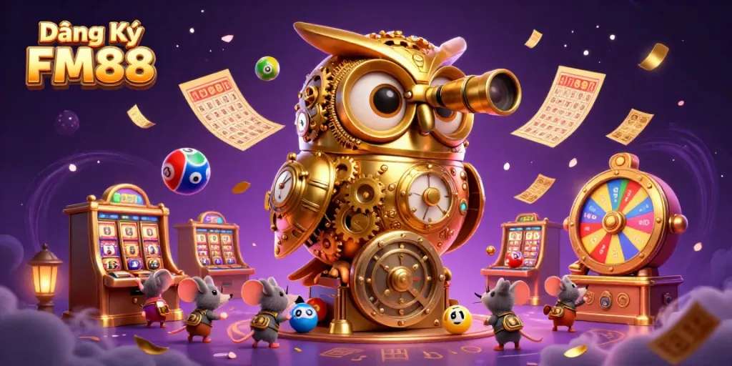 Experience thrilling gaming with Đăng Ký FM88 as the golden owl oversees a vibrant casino scene filled with excitement.