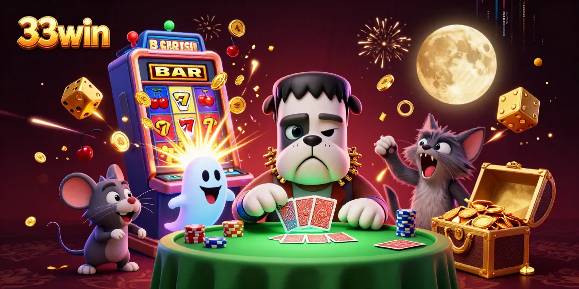 Engage in thrilling card games with 33win's unique characters and vibrant casino elements