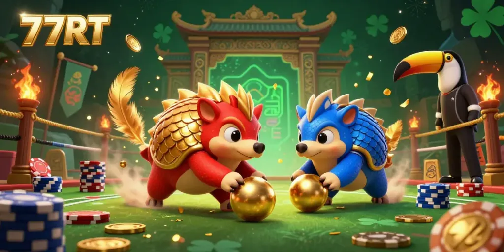 77RT features engaging pangolin characters in a vibrant casino scene with poker chips and gold coins.