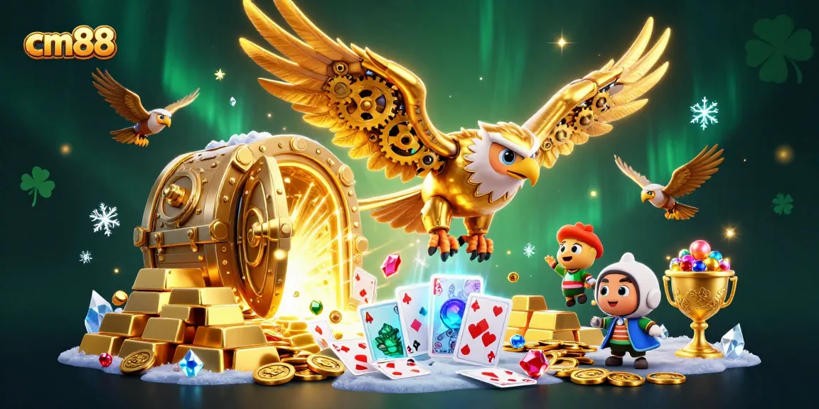 Engage in thrilling gameplay at cm88 with a dynamic scene featuring a cybernetic eagle and holographic cards.