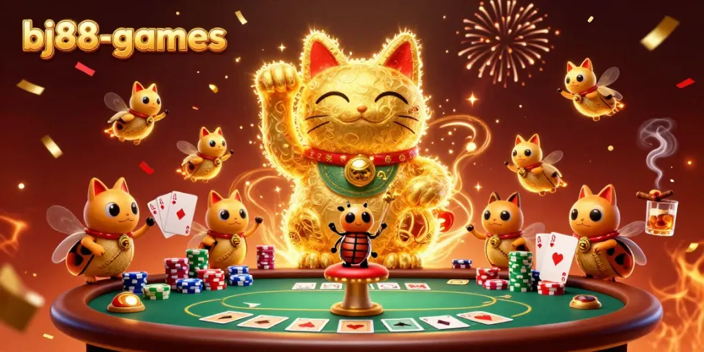 Experience the charm of bj88-games with a vibrant 3D illustration showcasing casino fun and luck.