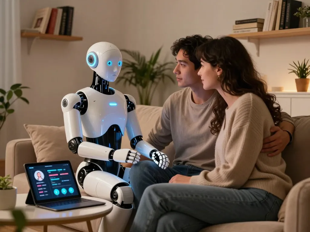 AI sex robot interacting with couple in a cozy, futuristic setting