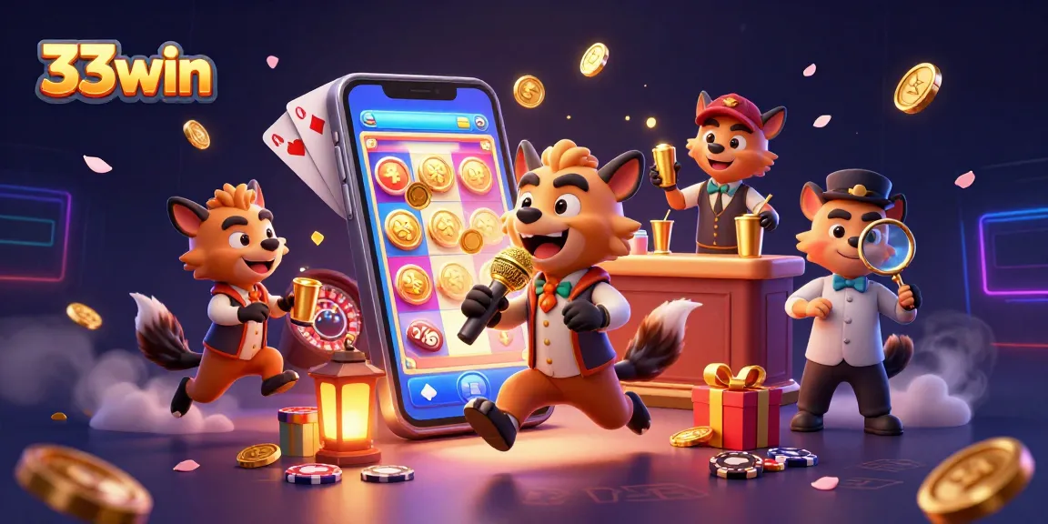 Engage with 33win in a vibrant casino atmosphere featuring hyenas enjoying gaming fun.
