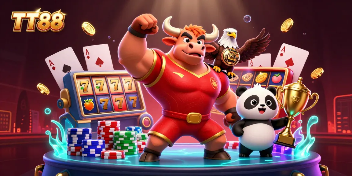 TT88 showcases exciting slots with 3D characters winning trophies in a vibrant casino scene.