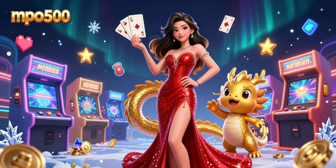 MPO500 showcases an engaging casino scene with a fierce Asian woman, golden dragon mascot, and vibrant game elements.