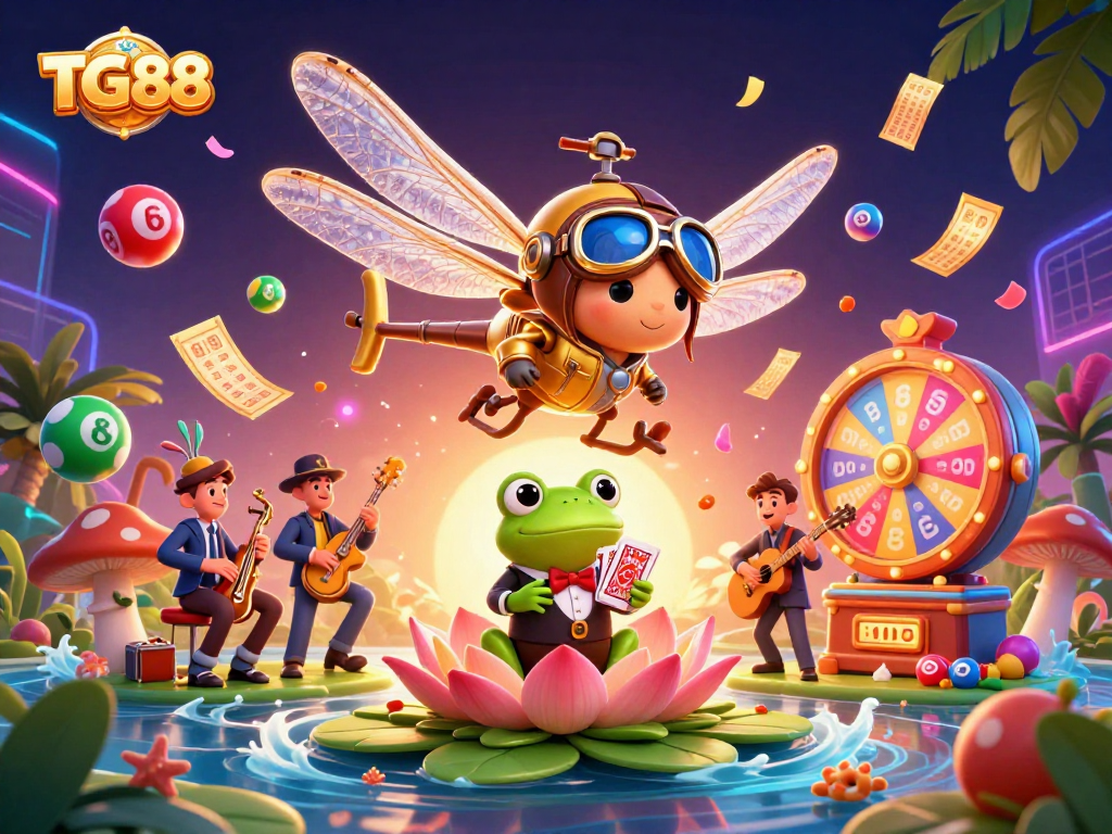 Captivating illustration showcasing TG88, featuring a helicopter pilot dragonfly and frog croupier among vibrant gambling elements.