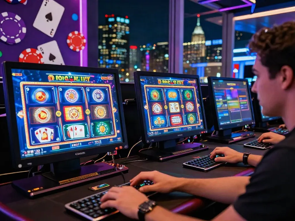 Exciting player experience at a bonus sans depot casino with vibrant game graphics and neon lights.