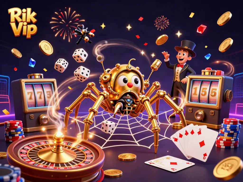 Engage with Rik Vip in an exciting casino scene featuring steampunk elements and vibrant game symbols.