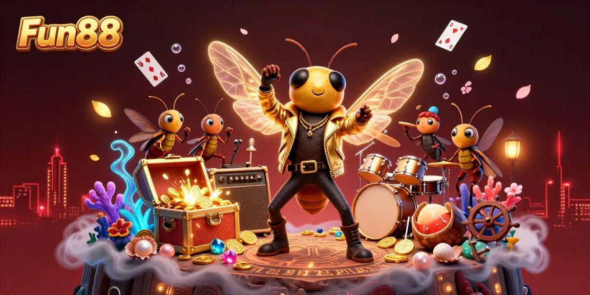 Experience the vibrant Fun88 gaming adventure with a cicada rock star and treasure-filled underwater theme.