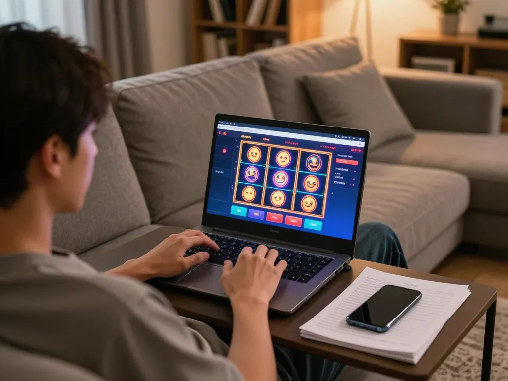 Pengguna Bintangmpo terlibat dengan permainan kasino online di laptop dalam suasana rumah yang nyaman.