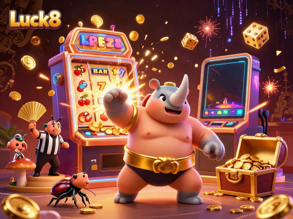 Experience the thrilling slots of Luck8 with dynamic characters and vibrant casino elements.