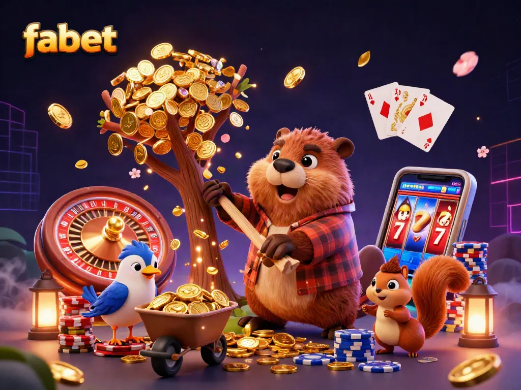 Experience fabet with a vibrant beaver and friends collecting golden coins while playing casino games.
