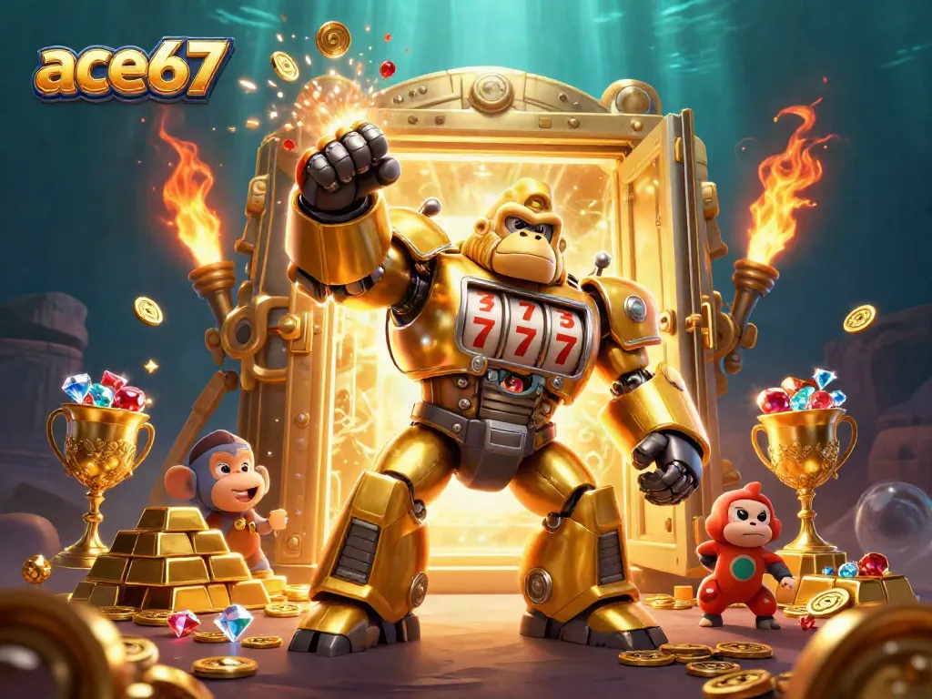 Experience excitement with the ace67 golden gorilla mech bursting with treasures in a vibrant casino scene.