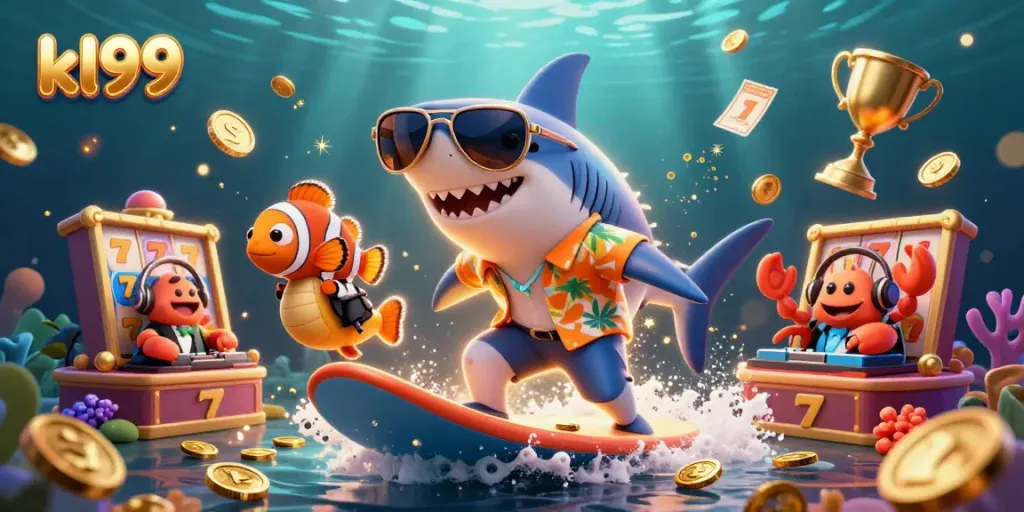 Engaging scene featuring kl99 with a shark surfing on gold coins surrounded by gambling elements.