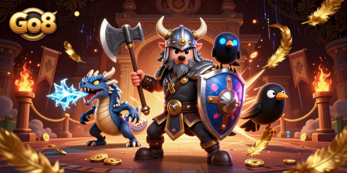 Win big with Go8: dynamic 3D cartoon scene featuring a Viking warrior and epic gaming elements