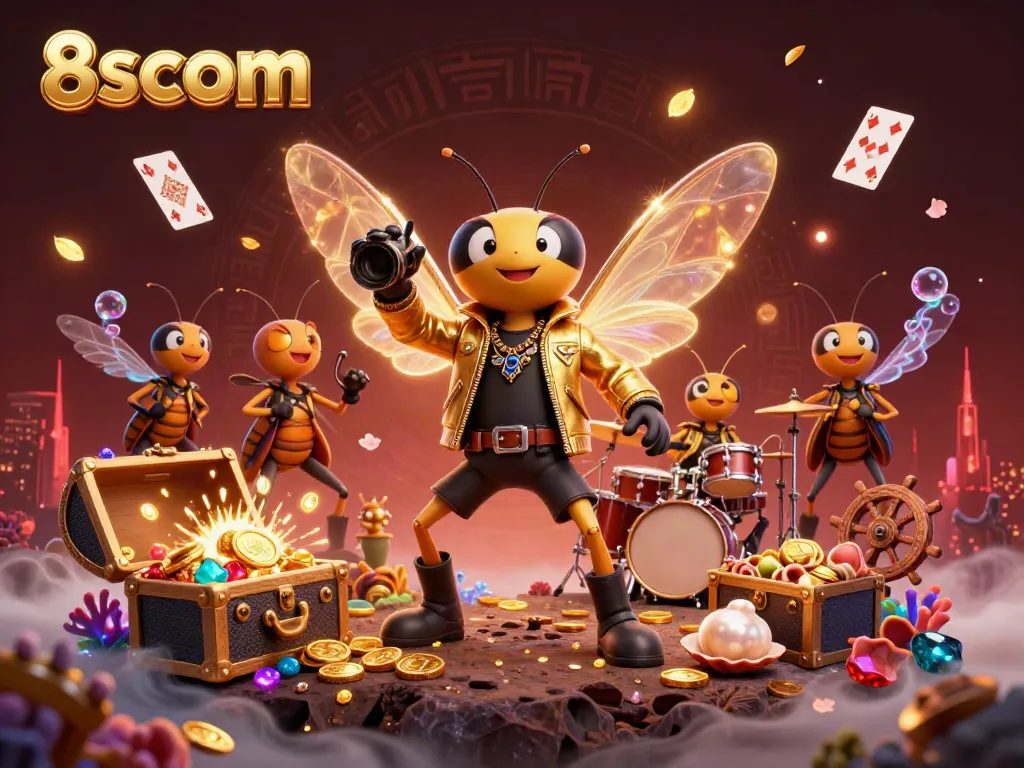 Experience vibrant winnings in the 8scom online casino with a dazzling scene of animated characters amidst treasure.