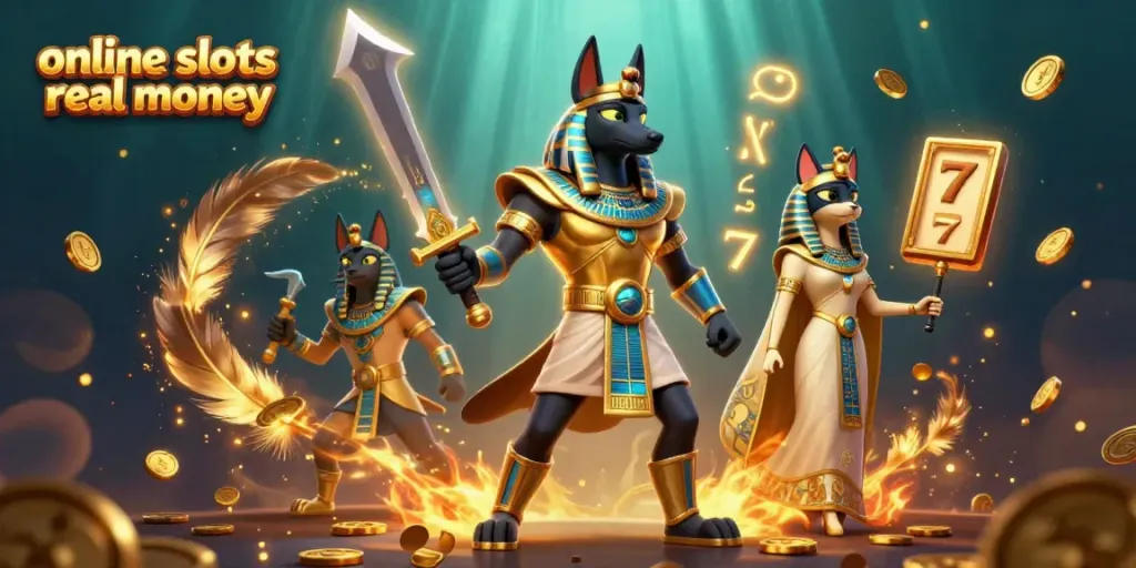 Engage with online slots real money in a vibrant 3D illustration featuring Anubis and Bastet amidst slot reels.