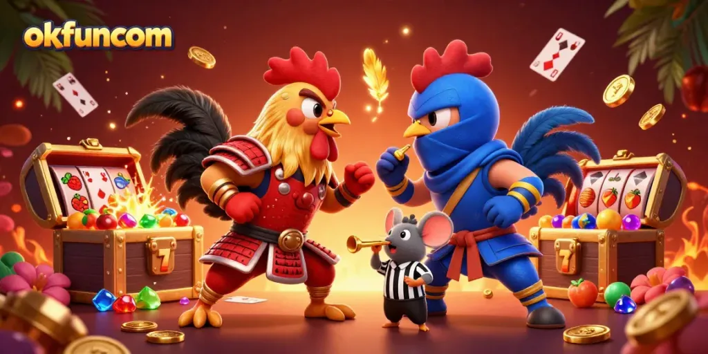 Experience thrilling gameplay at okfuncom with dynamic cartoon fighting roosters and casino elements.