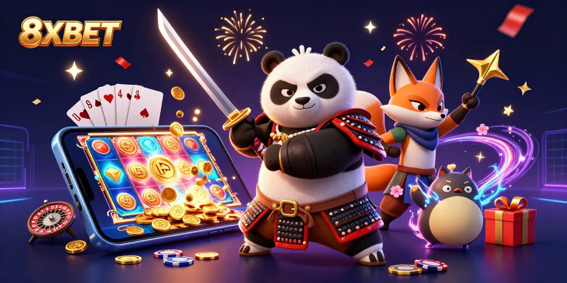 Join the excitement at 8XBET with a fierce samurai panda, ninja fox, and gaming elements.