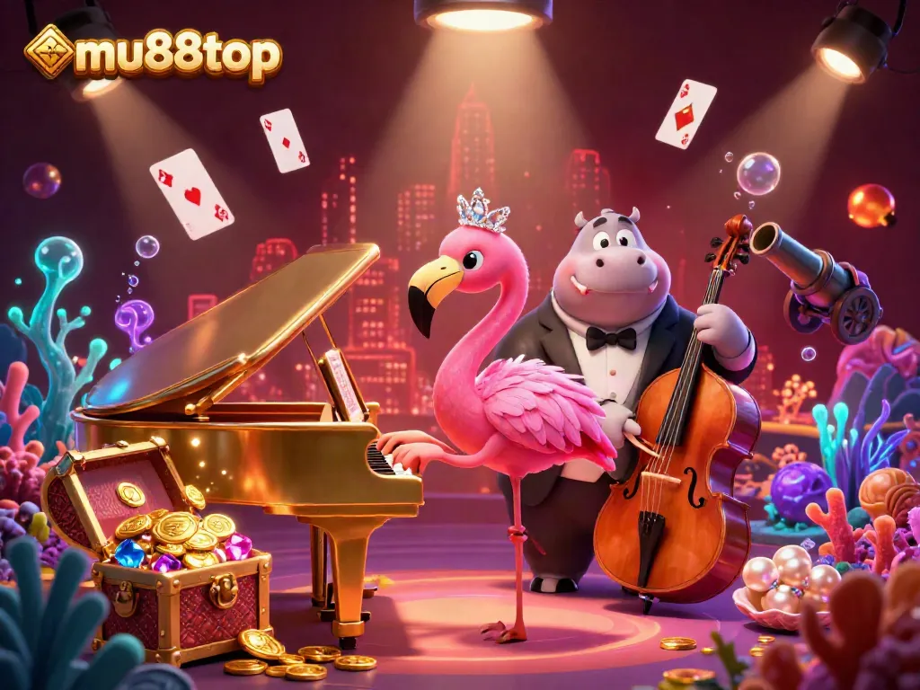 Experience high-stakes gaming at mu88top with vibrant 3D visuals of lively casino characters and underwater treasure.