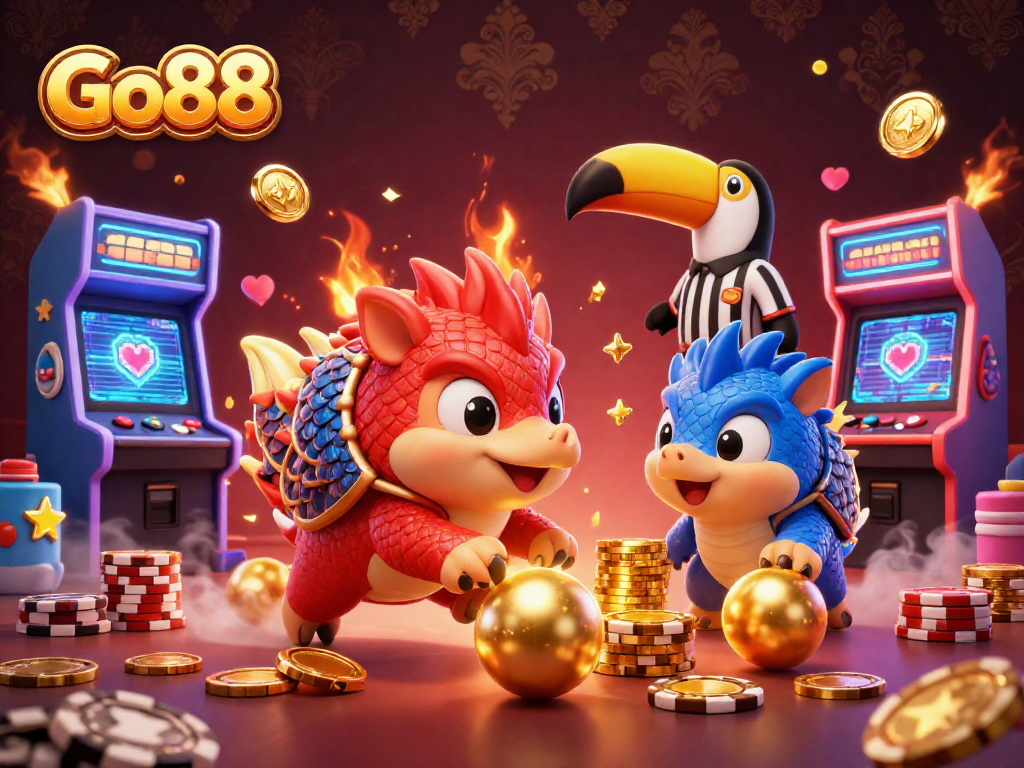 Go88 pangolins bowling through poker chips in a vibrant 3D casino scene.