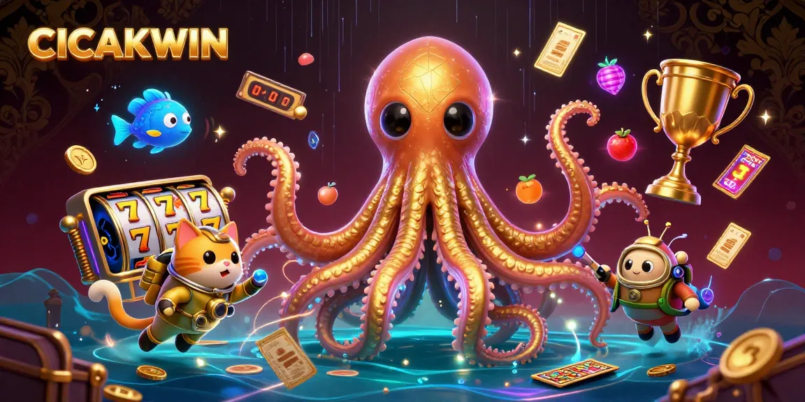 CICAKWIN showcases thrilling slot action with a kraken and diving cat amidst jackpot symbols.