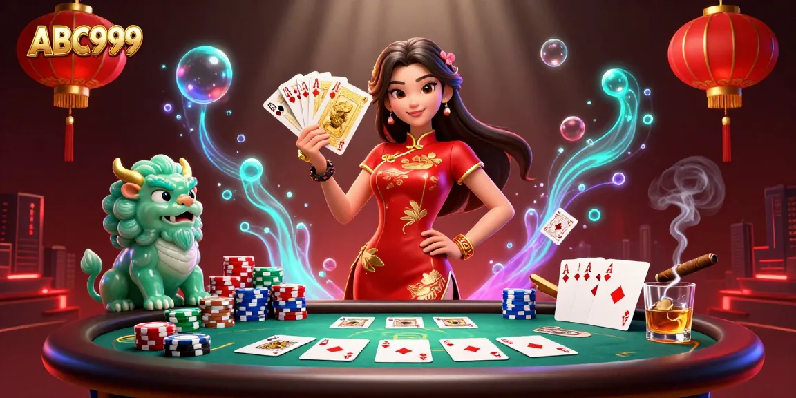 Engage in thrilling poker with ABC999—showcasing a vibrant casino scene featuring a striking woman and charming guardian.
