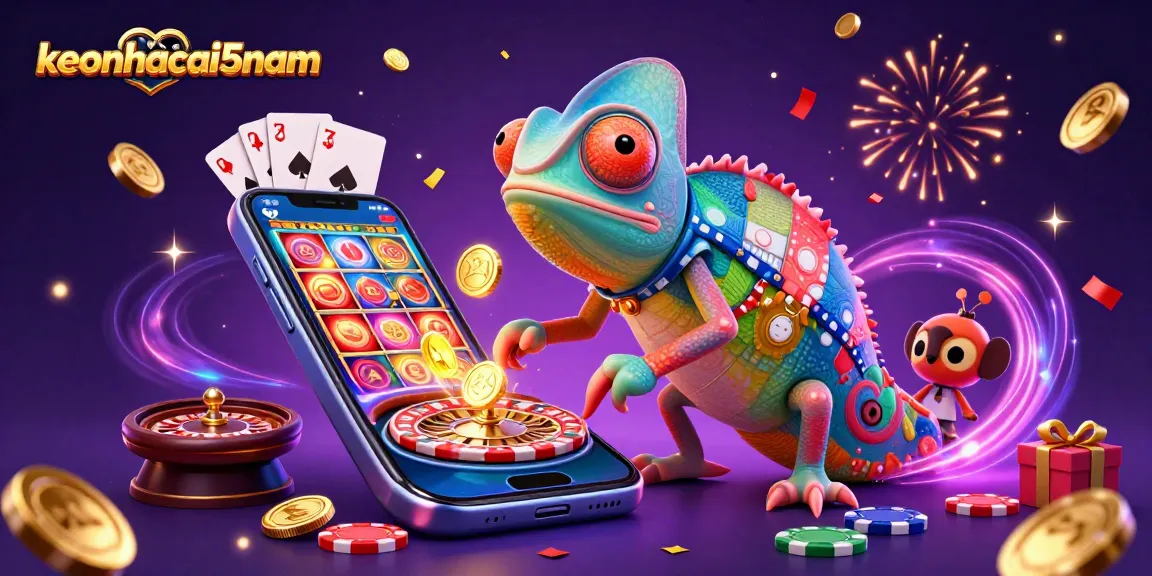 Engage with keonhacai5nam as a colorful chameleon casino owner captures winning moments with golden coins.