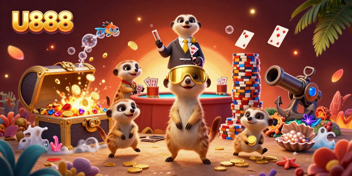 U888 showcases a vibrant cartoon meerkat casino scene rich in visual detail, highlighting players and gaming elements.
