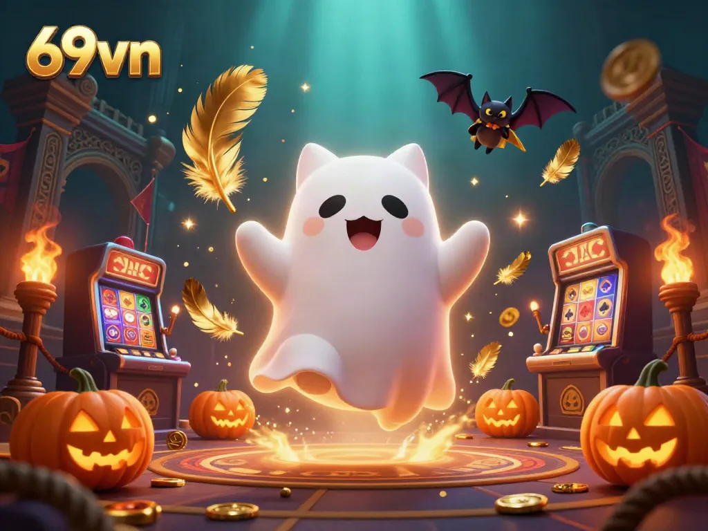 69vn delivers immersive gaming experiences with a friendly ghost cat and bat in a vibrant casino setting.