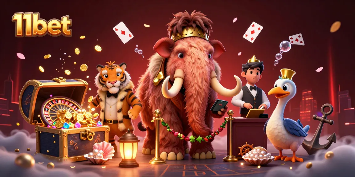 Experience exciting action at 11bet's casino with a woolly mammoth bouncer and VIP guests.